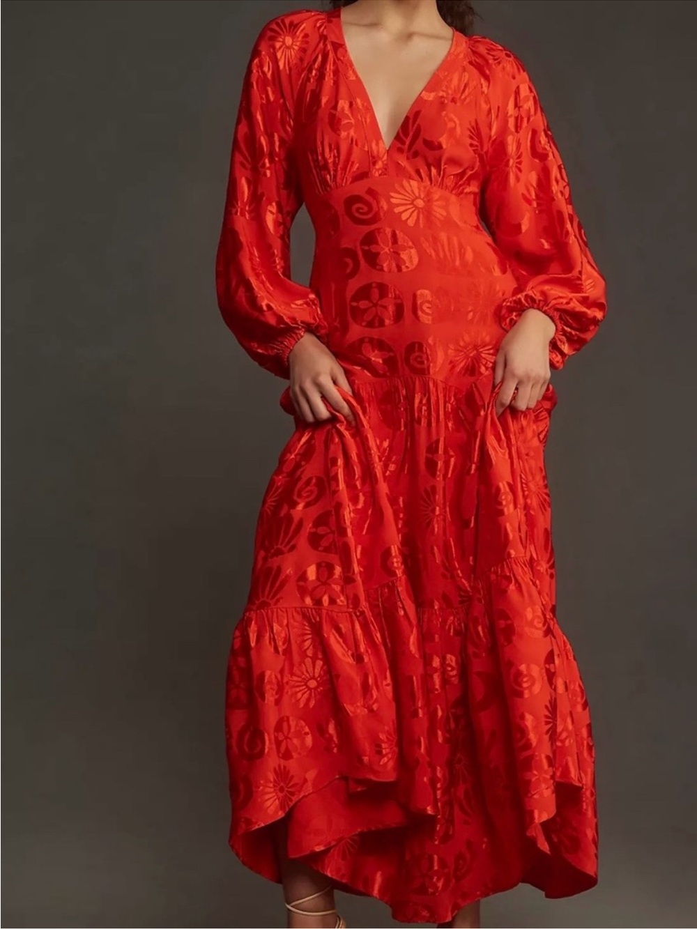 FARM RIO Vibrant Red V-Neck Long Sleeve Maxi Dress